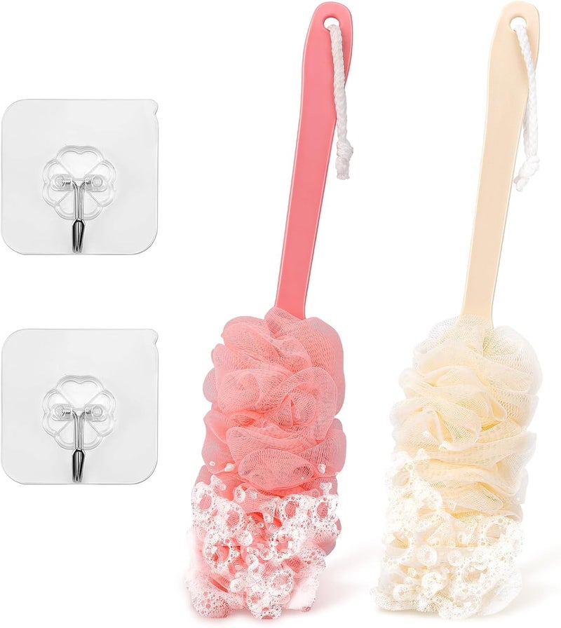 NICEMOVIC 2Pack Back Scrubber for Shower Loofah with Long Handle, Shower Brush for Body, 17″ Loofah on a Stick for Men Women Bathing Accessories, Scrubber Sponge for Exfoliating Bath Brushes (Beige & Pink) - Image 1